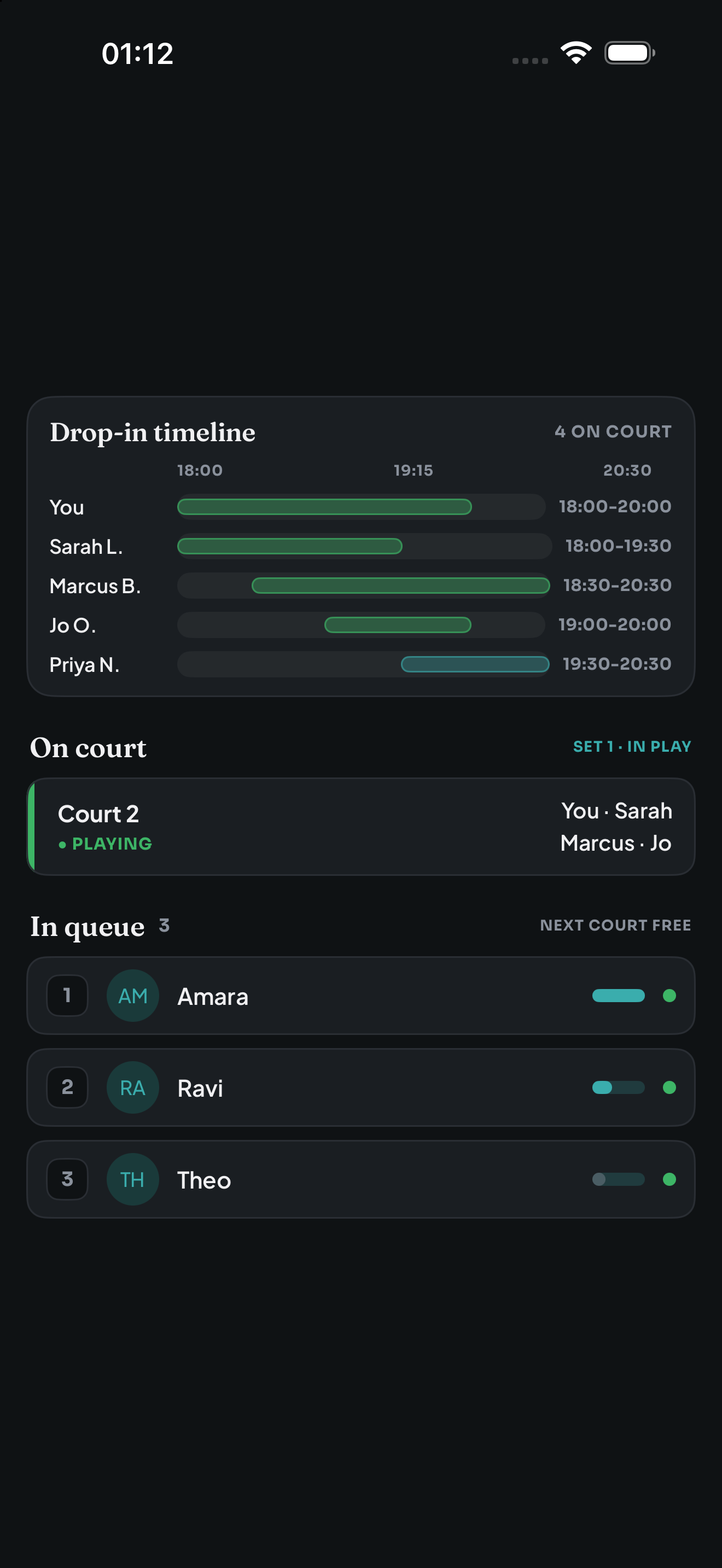 Courting session screen showing the drop-in timeline, the match on court and three players in the queue