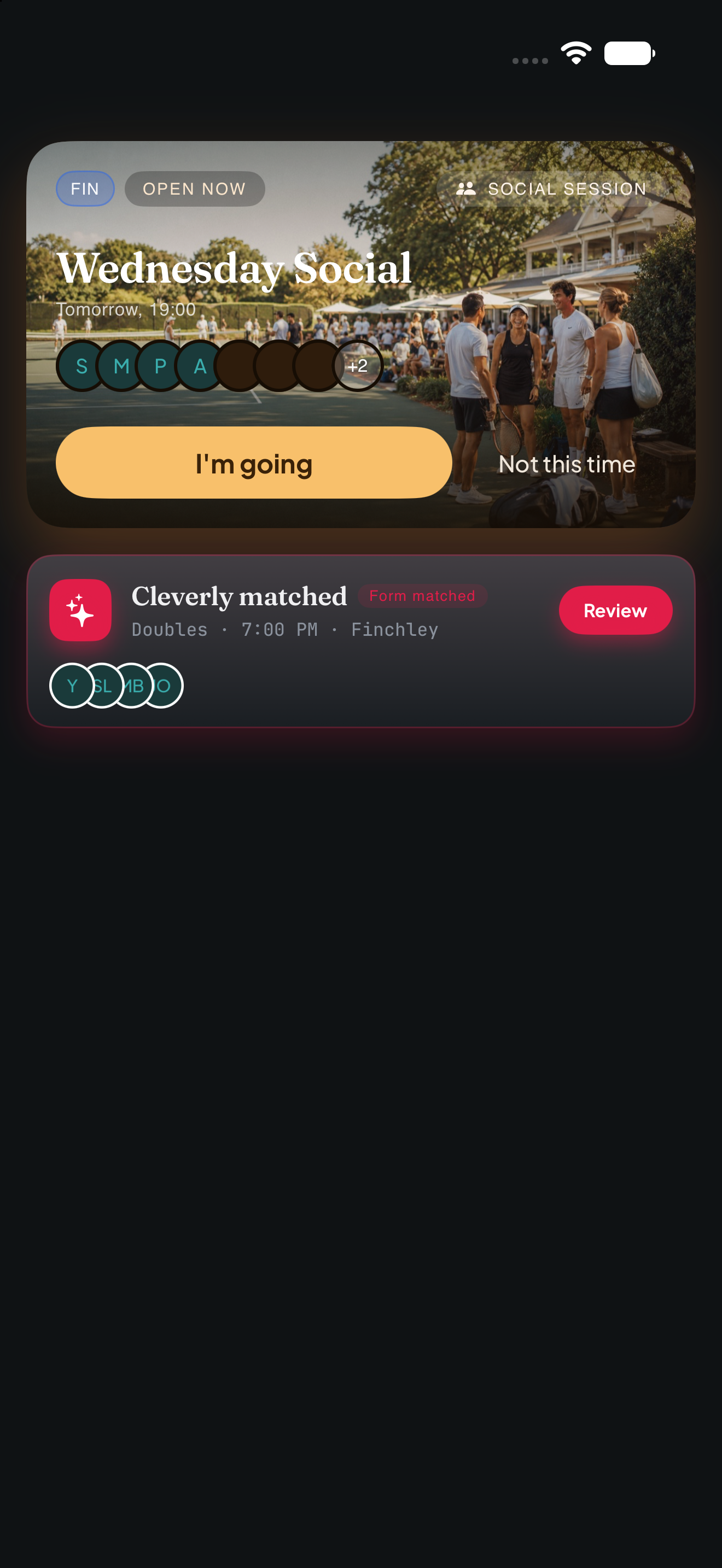 The Plan feed with a Cleverly Matched proposal: a form-matched doubles group at 7pm with one tap to review