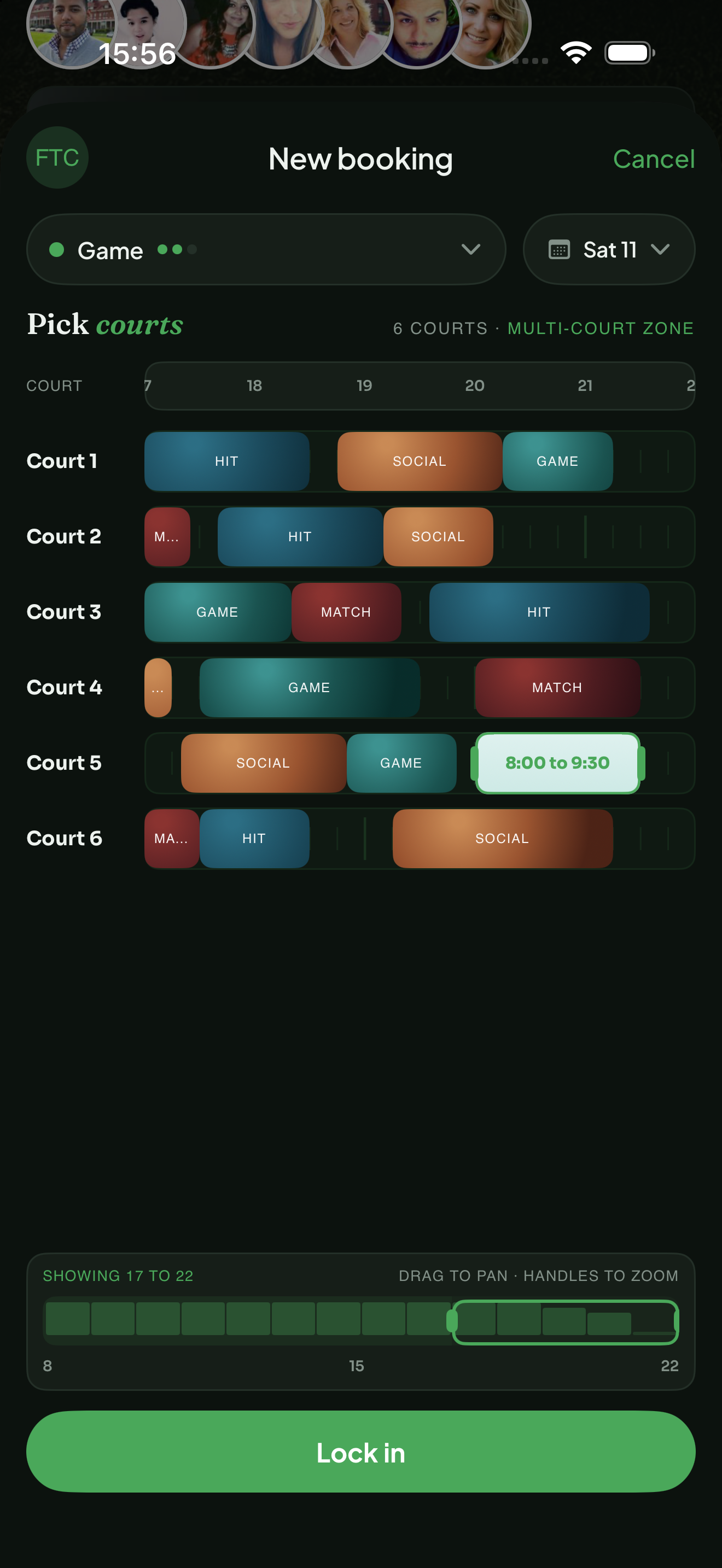The Courting booking wizard: six courts on a live timeline, a slot from 8:00 to 9:30 selected and ready to lock in