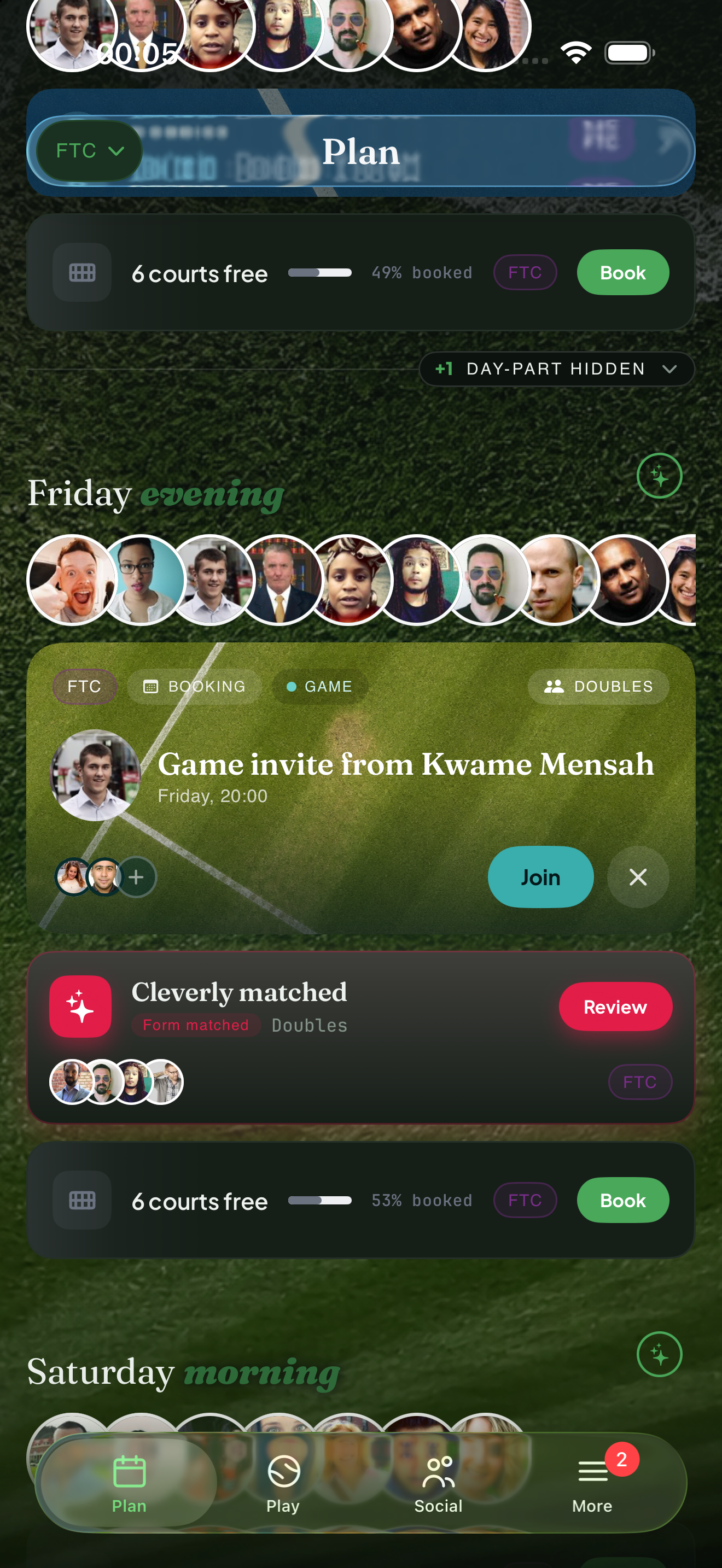 The Plan feed in Courting: free courts to book, a game invite for Friday evening and a Cleverly Matched doubles proposal ready to review