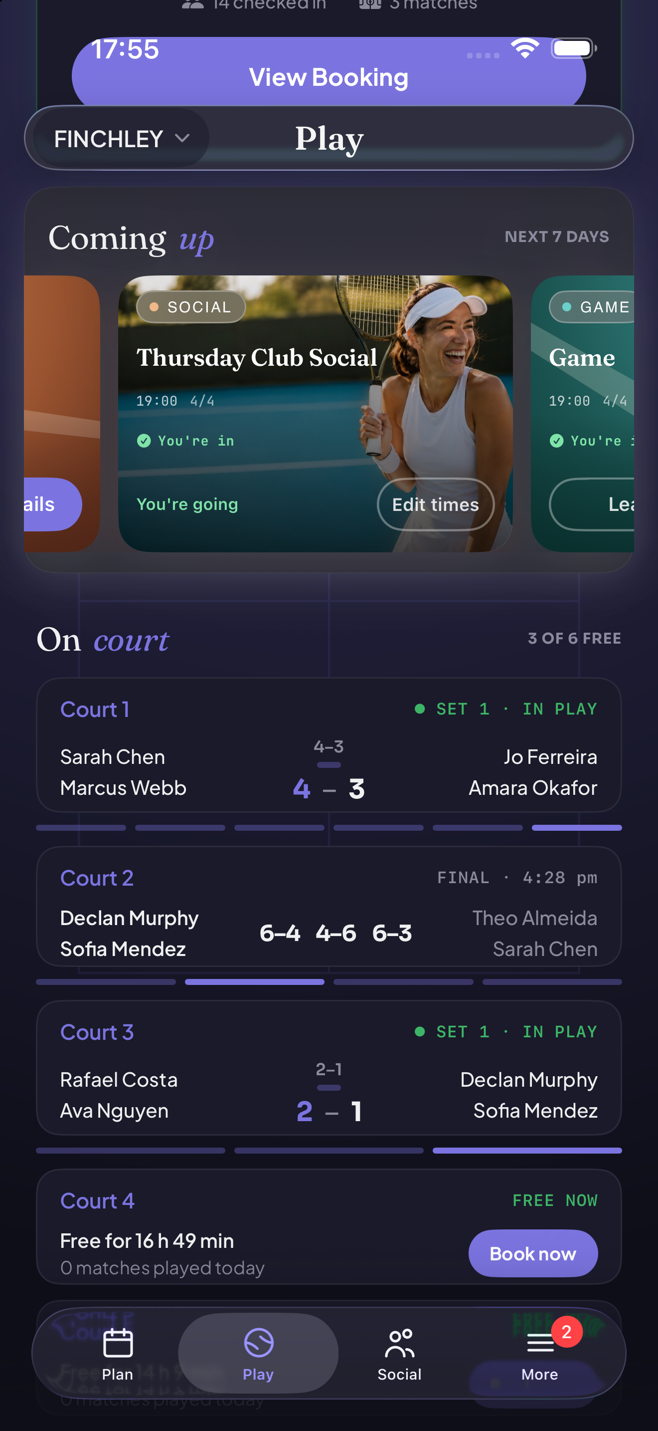 Courting Play screen in the hard-court floodlit theme with deep night colours