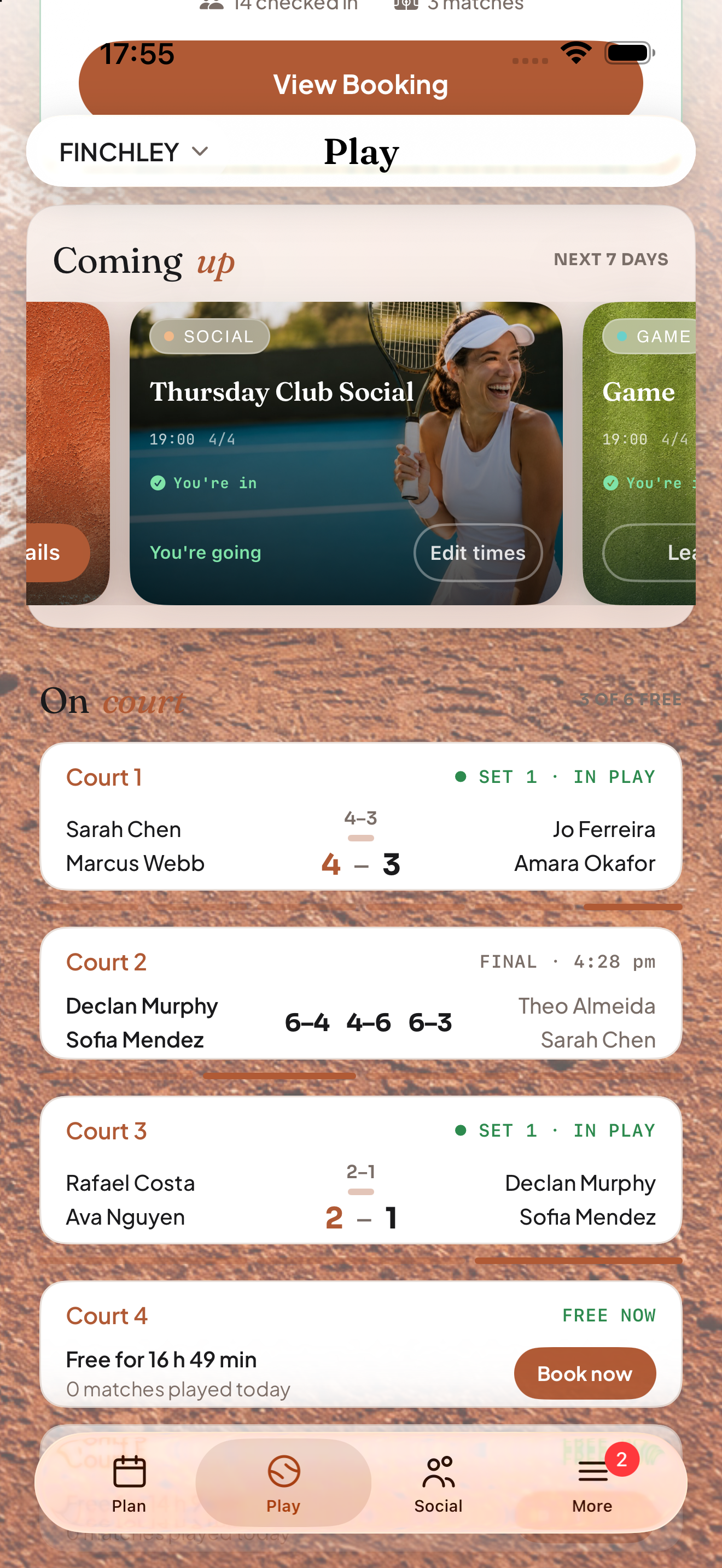Courting Play screen in the clay sunlight theme with warm terracotta surface texture