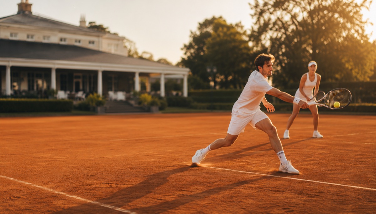 Two players mid rally on a clay court at golden hour, clubhouse behind them