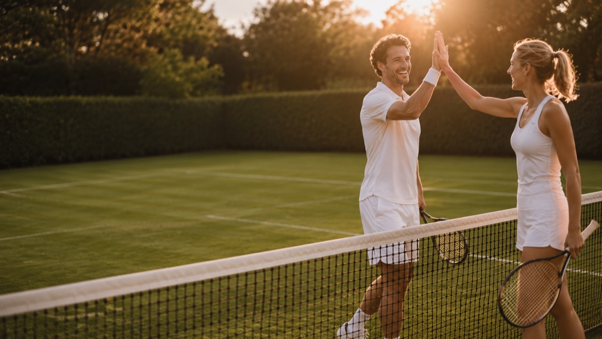 Two players celebrating with a high five on a grass court in golden evening light