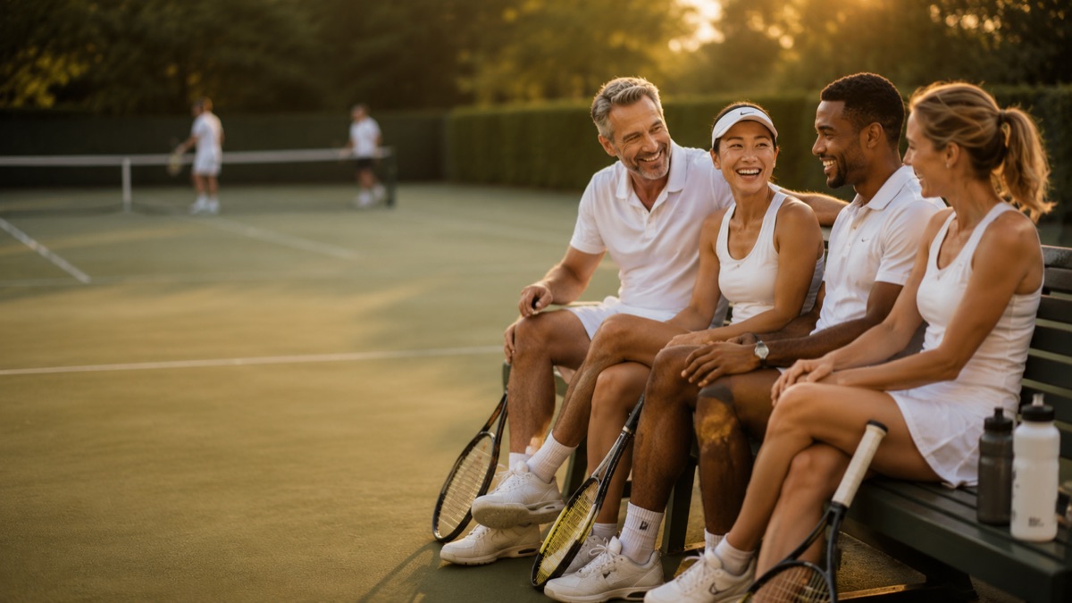 Four players laughing together on a courtside bench in late afternoon light
