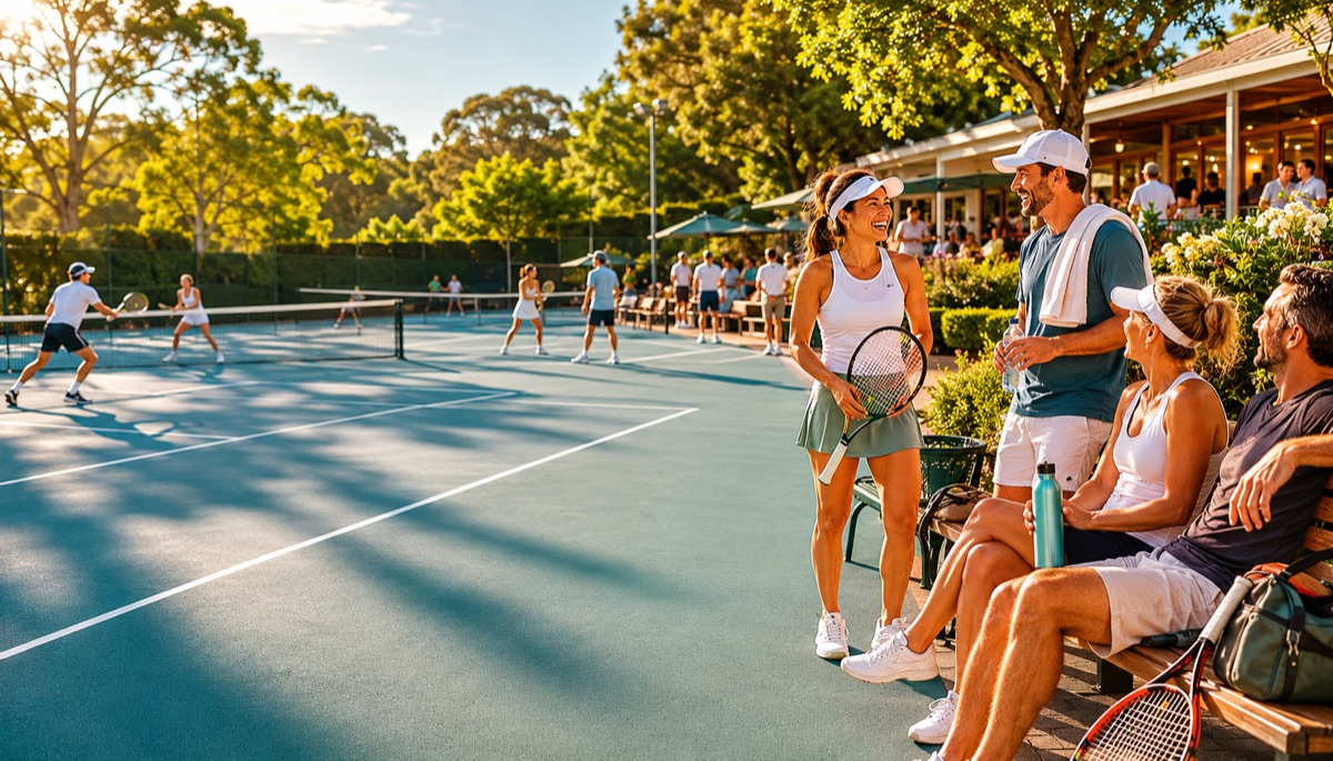 Members chatting and laughing courtside in the sun while doubles carries on behind them